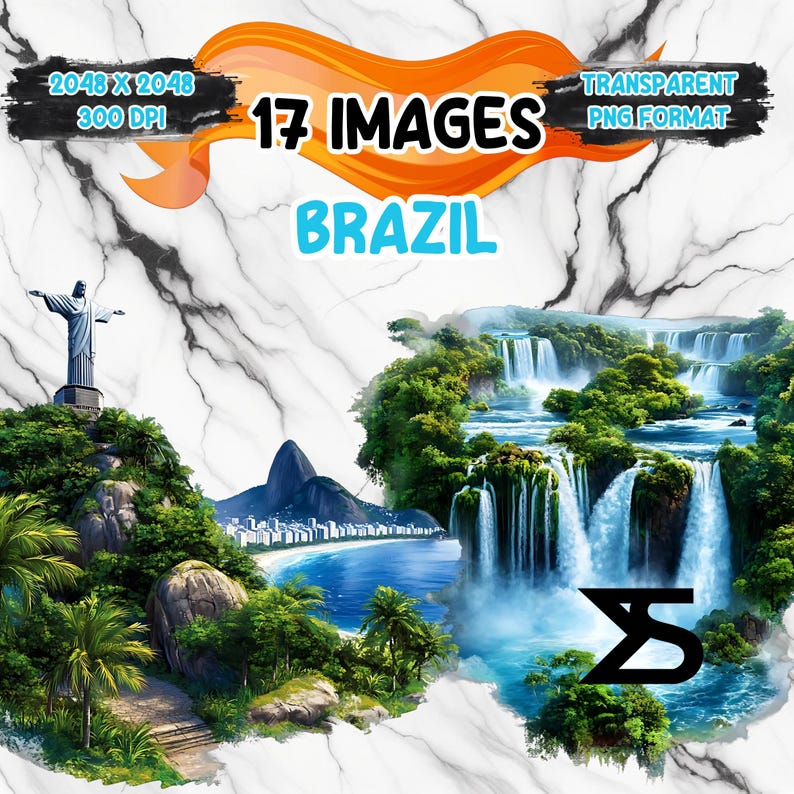 May include: A digital collage of 17 images of Brazil, featuring a waterfall, a beach, and the Christ the Redeemer statue. The images are in a transparent PNG format.  The text "17 IMAGES" and "BRAZIL" are in the image.