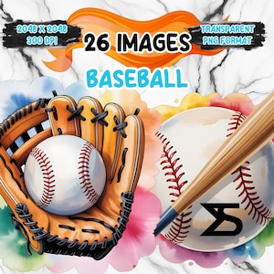 Peut inclure: Illustration numérique d'un équipement de baseball, comprenant une balle, un gant et une batte. La balle est blanche avec des coutures rouges. Le gant est marron et noir. La batte est en bois. Le texte "26 Images Baseball" et "Transparent PNG Format" est inclus.