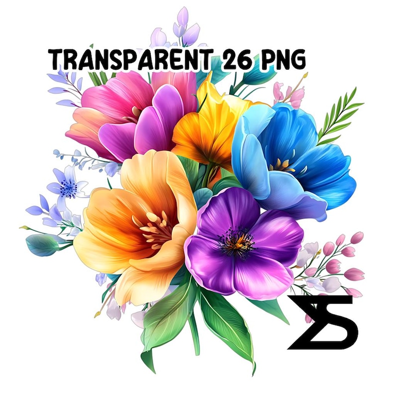 May include: A bouquet of colourful flowers, including yellow, orange, pink, purple, and blue, with green leaves and stems. The flowers are arranged in a cluster, with the yellow and orange flowers in the centre and the other colours surrounding them.
