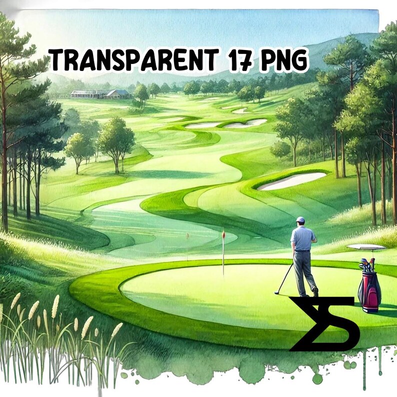 Puede incluir: Una pintura de acuarela de un campo de golf con un golfista en el green. El campo es verde y exuberante con colinas onduladas. El golfista lleva una camisa blanca y pantalones negros. La pintura se titula "TRANSPARENT 17 PNG".