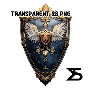 K&ouml;nnte beinhalten: Ein Schild mit dunkelblauem Hintergrund und goldenen Verzierungen. Das Schild zeigt ein rotes Wappen mit goldenem Emblem, wei&szlig;e Fl&uuml;gel und den Text "TRANSPARENT 28 PNG".