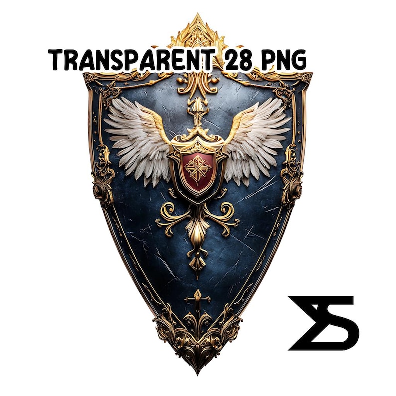 K&ouml;nnte beinhalten: Ein Schild mit dunkelblauem Hintergrund und goldenen Verzierungen. Das Schild zeigt ein rotes Wappen mit goldenem Emblem, wei&szlig;e Fl&uuml;gel und den Text "TRANSPARENT 28 PNG".