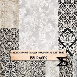 May include: A collection of monochrome damask ornamental patterns displayed across multiple sections, featuring black, white, and gray floral motifs. A central rectangular label contains the text MONOCHROME DAMASK ORNAMENTAL PATTERNS 155 PAGES.