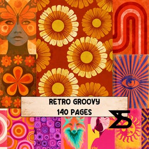 May include: A multi-panel collage featuring vibrant patterns including orange flowers, a butterfly-faced figure, concentric circles, a stylized eye, a fox, and a parrot. A central white rectangular label displays the text RETRO GROOVY 140 PAGES.