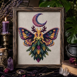Moon Moth In Flat Design modern cross stitch kit with printable pattern and color chart for beginner friendly minimalist moth embroidery art