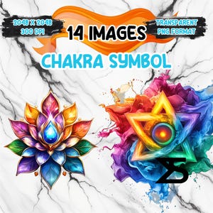 May include: Digital art featuring two chakra symbols. One is a colorful lotus flower with a blue gem, and the other is a star-shaped design with a central circle, surrounded by vibrant hues of red, orange, yellow, green, and blue. The text "14 IMAGES" and "CHAKRA SYMBOL" are also visible.