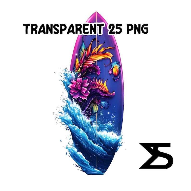 Puede incluir: Dise&ntilde;o de tabla de surf con una ilustraci&oacute;n de un drag&oacute;n, flores y olas del oc&eacute;ano. La tabla tiene una combinaci&oacute;n de colores p&uacute;rpura y azul, con el texto "TRANSPARENT 25 PNG" en la parte superior.