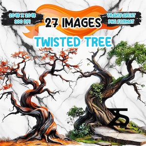 May include: Digital art featuring two twisted trees with vibrant orange and green foliage against a marble background. The image includes text that reads "27 Images" and "Twisted Tree". The image is in PNG format.