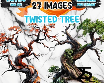 May include: Digital art featuring two twisted trees with vibrant orange and green foliage against a marble background. The image includes text that reads "27 Images" and "Twisted Tree". The image is in PNG format.