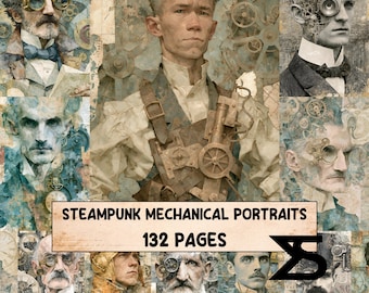 Steampunk Mechanical Portraits vintage collage junk journal ephemera kit printable portrait images gears clocks victorian labels