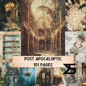 May include: Digital art depicting a post-apocalyptic library. The image shows decaying architecture, climbing plants, and piles of books. The text on the image reads "POST APOCALYPTIC 101 PAGES".
