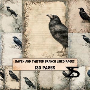 May include: A collection of 133 lined pages featuring illustrations of black ravens perched on twisted branches. The paper has a vintage, aged appearance with sepia tones. The text on the image reads: RAVEN AND TWISTED BRANCH LINED PAGES 133 PAGES.