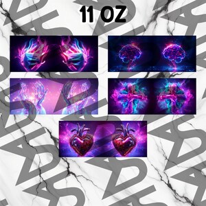 Puede incluir: Conjunto de cinco vasos de sublimaci&oacute;n de 11 onzas con diferentes dise&ntilde;os. Los dise&ntilde;os incluyen una cruz, un coraz&oacute;n, un cerebro y dos manos. Los dise&ntilde;os est&aacute;n todos en tonos de morado, azul y rosa.