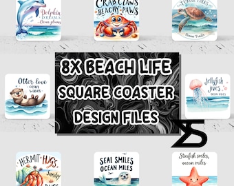 Beach Life square coaster Sublimation Design Set of 8, Instant Digital Download, Commercial Use , PNG Download