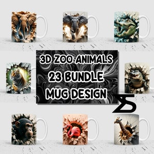 Paquete de diseño de tazas de sublimación con animales del zoológico en 3D, diseño de tazas de 11 oz y 15 oz, descarga digital instantánea, uso comercial