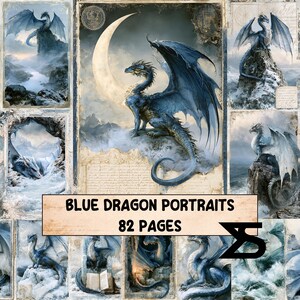 Könnte beinhalten: Eine Sammlung von 82 Seiten mit Porträts blauer Drachen, die verschiedene Illustrationen von Drachen in verschneiten, bergigen und küstennahen Landschaften mit einem großen Halbmond zeigen, inklusive des Textes BLUE DRAGON PORTRAITS 82 PAGES.