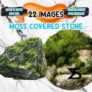May include: Two moss-covered stones are displayed against a white marble background. The stones are covered in vibrant green moss. The image includes text that reads "22 IMAGES", "MOSS COVERED STONE", and other details about the image format.