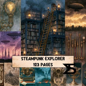 May include: A collage of steampunk-themed illustrations featuring a library with a tall ladder, airships, industrial pipes, a typewriter, and a diving helmet. The central text reads STEAMPUNK EXPLORER 123 PAGES with a black logo on the right side.