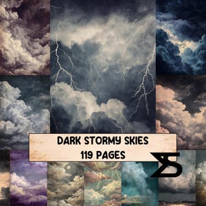 Könnte beinhalten: Eine Collage digitaler Kunst mit dunklen, stürmischen Himmeln mit Blitzen. Das Bild enthält ein Banner mit dem Text "DARK STORMY SKIES" und "119 PAGES". Die Farbpalette umfasst Grautöne, Blau und Lila.