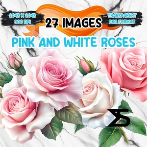 Puede incluir: Imagen digital de rosas rosas y blancas, algunas en plena floración, otras en capullos. El texto dice "27 IMAGES" y "PINK AND WHITE ROSES". Fondo con efecto mármol.