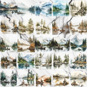 26 homme pêche Clipart, bateau de pêche paysage, ensemble de cliparts, usage commercial, téléchargement numérique, téléchargement immédiat