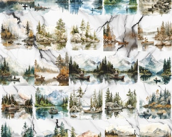 26 Man Fishing Clipart, Boat Fishing Landscape, clipart bundle, commercial use, digital download, instant download
