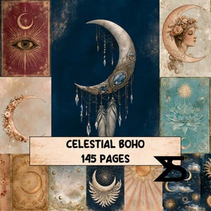 May include: A collection of celestial-themed digital paper designs featuring moons, suns, eyes, and floral motifs in various colors. The central text reads CELESTIAL BOHO 145 PAGES. The imagery includes ornate crescent moons, lotus flowers, and starry skies.