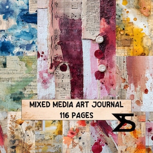 May include: Mixed media art journal with 116 pages. The journal features a collage of watercolor washes, sheet music, and vintage paper. The color palette includes blues, reds, and yellows. Two white buttons are visible.