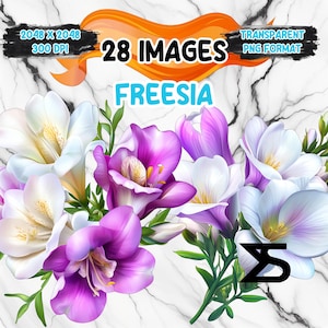 May include: A bouquet of white and purple freesia flowers with green leaves. The flowers are arranged in a cluster and have a soft, delicate appearance. The image is set against a white marble background.