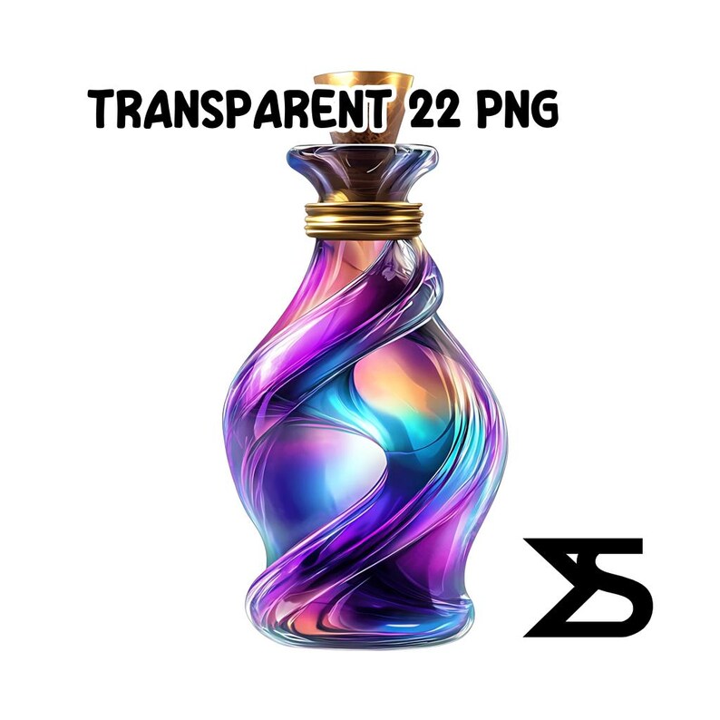May include: A digitally rendered, ornate potion bottle with a swirling, iridescent design in shades of purple, blue, and gold. The bottle has a cork stopper with gold accents and the text "TRANSPARENT 22 PNG" is displayed above the bottle.