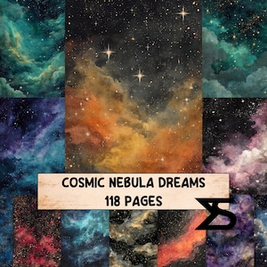 Op de afbeelding: Digitale papieren met een kosmisch thema, met kleurrijke nevels in tinten van teal, oranje en paars, met fonkelende sterren. De tekst "COSMIC NEBULA DREAMS 118 PAGES" staat op een banner.