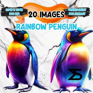 Könnte beinhalten: Zwei lebendige Pinguin-Illustrationen. Die Pinguine weisen einen Regenbogenfarbverlauf auf, darunter Blau, Lila, Gelb und Orange. Der Text lautet "20 IMAGES" und "RAINBOW PENGUIN". Das Bild zeigt auch "TRANSPARENT PNG FORMAT".