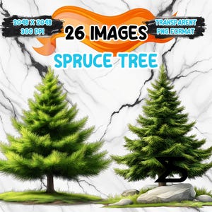 May include: 26 images of a spruce tree, with a white marble background. The trees are green and have a realistic appearance. The images are in PNG format and are 2048 x 2048 pixels at 300 DPI.