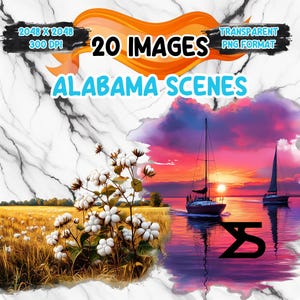 Image PNG de scènes de l'Alabama aquarelle, lot de cliparts Alabama, usage commercial, téléchargement numérique, téléchargement immédiat