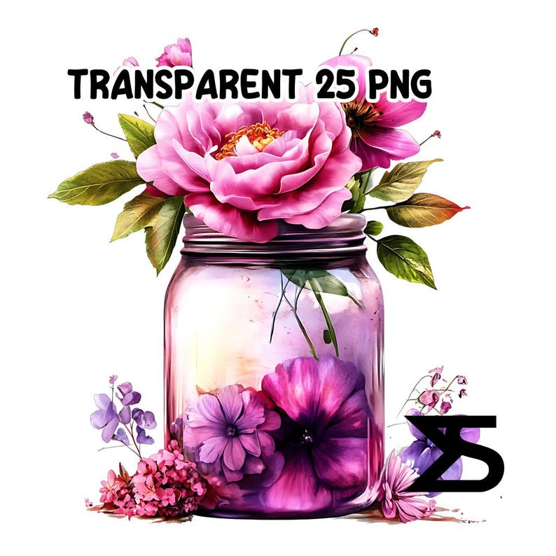 May include: A glass jar filled with pink and purple flowers. The jar has a rustic, vintage look and is decorated with a watercolor-like design. The flowers are arranged in a bouquet and include roses, petunias, and other blooms.