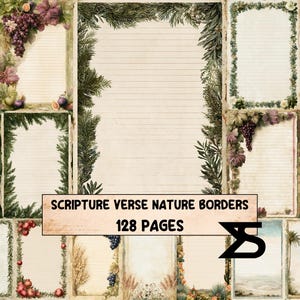 May include: A collection of stationery pages featuring various nature-themed borders with grapes, pine branches, wheat, and floral elements. Each page contains horizontal lines for writing and the text SCRIPTURE VERSE NATURE BORDERS 128 PAGES.
