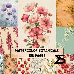 May include: A collection of watercolor botanical illustrations featuring various floral patterns including purple alliums, pink anemones, yellow wildflowers, white daisies, and red tulips. The text WATERCOLOR BOTANICALS 158 PAGES is centered.