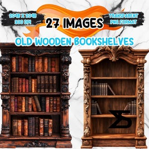 May include: Two antique wooden bookshelves with ornate carvings. One is filled with aged books, the other is empty. The image includes text that reads "27 IMAGES" and "OLD WOODEN BOOKSHELVES". The background is a marble-like pattern.
