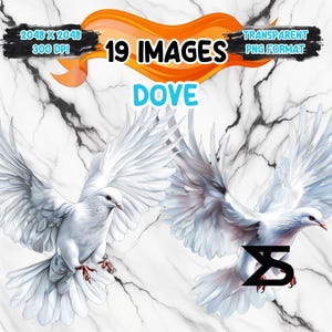 May include: A digital illustration of two white doves with their wings spread. The doves are in flight and have a realistic appearance. The background is a white marble texture.
