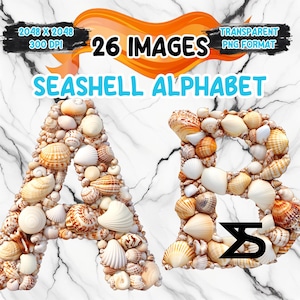 Imagem PNG do alfabeto de conchas em aquarela em fundo transparente, adesivo digital/álbum de recortes, uso comercial, download digital instantâneo