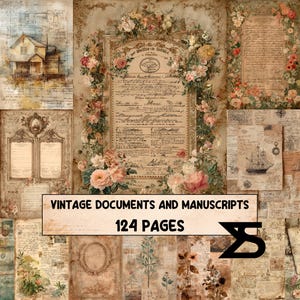 Könnte beinhalten: Eine Sammlung von 124 Seiten mit alten Dokumenten und Manuskripten, die gealterte Papiertexturen, florale Ränder, handschriftliche Texte, architektonische Hausskizzen, eine Segelschiff-Illustration und botanische Zeichnungen in Sepiatönen zeigen.
