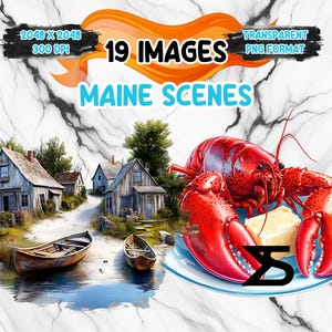 Watercolor Maine scenes PNG Image, Maine Clipart bundle, commercial use, digital download, instant download