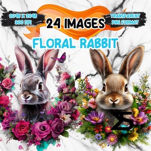 Watercolor Floral Rabbit PNG Image on transparent background, digital Sticker/Scrappbooking , commercial use, instant digital download