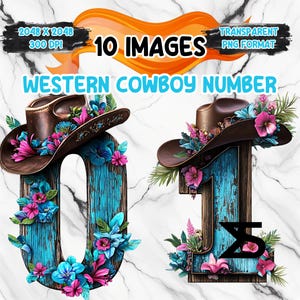 Watercolor Western Cowboy Number PNG Image on transparent background, digital Sticker/Scrappbooking, commercial use,