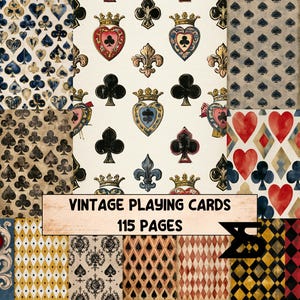 May include: A digital collage featuring various playing card suit patterns including hearts, clubs, diamonds, and spades in multiple colors and textures. A central rectangular label displays the text VINTAGE PLAYING CARDS 115 PAGES in black font.