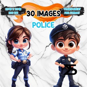 Policía de dibujos animados en acuarela, paquete de imágenes prediseñadas de policía, uso comercial, descarga digital, descarga instantánea
