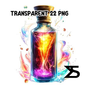 May include: A digital illustration of a glass bottle filled with a vibrant, glowing liquid. The bottle has a decorative gold cap and is surrounded by colorful, ethereal elements. The text "TRANSPARENT 22 PNG" is displayed above the bottle.