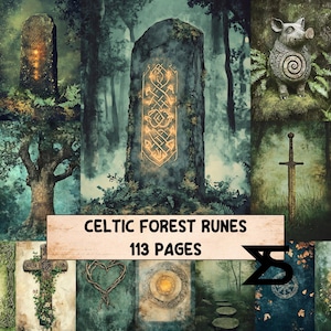 May include: A digital art piece titled "Celtic Forest Runes" with 113 pages. The artwork features images of ancient Celtic symbols, stone monuments, and a forest setting. The color palette includes greens, browns, and gold.