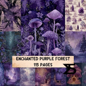 May include: A collection of digital art featuring an enchanted purple forest theme. The images include illustrations of mushrooms, trees, and forest scenes. The text "ENCHANTED PURPLE FOREST" and "115 PAGES" are displayed on a banner.