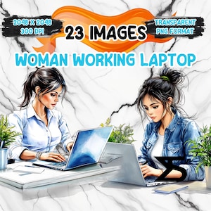 May include: Two women working on laptops at a white marble table. One woman is wearing a white shirt and the other is wearing a blue denim jacket. Both women have long dark hair. The image is in a watercolour style.